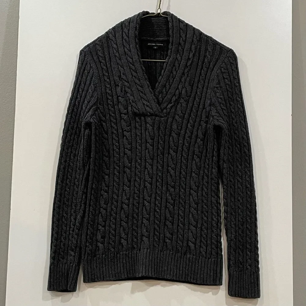 Gray Cable Knit Pullover Sweater, Jeanne Pierre, Size S